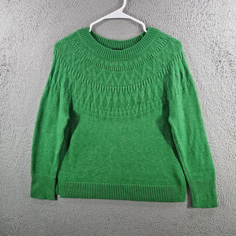 Talbots Petite Green Textured Yoke Crewneck Sweater Wool Blend Mp